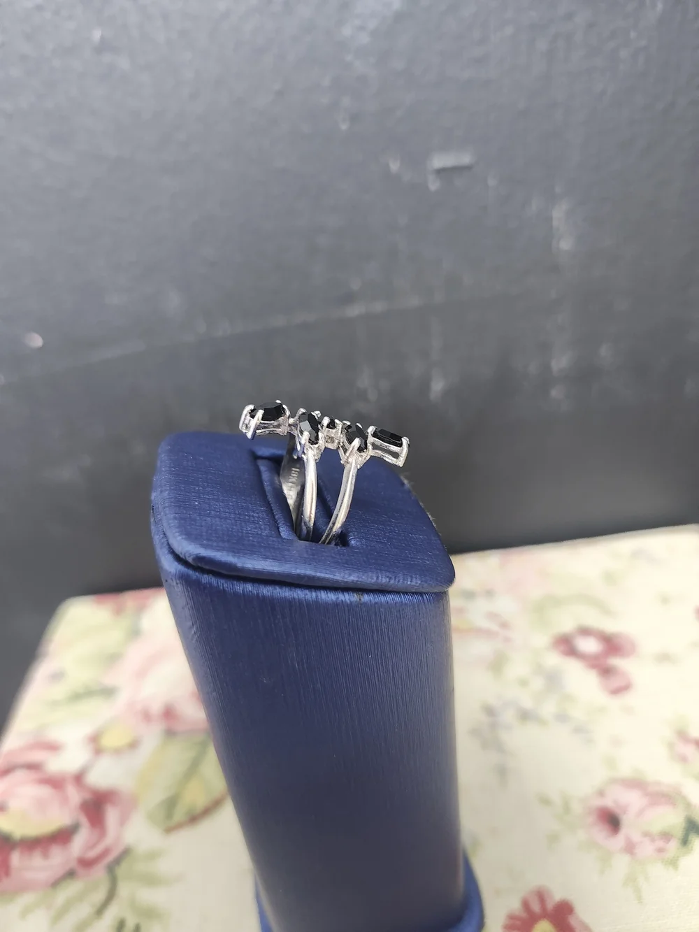Silvertone Black Marquise Cluster Ring 18k HGE Sz 6 Cocktail